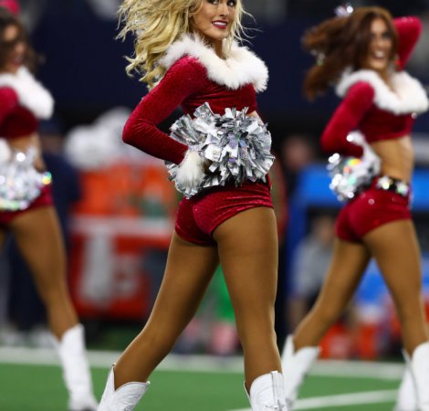 Dec 15, 2019; Arlington, TX, USA; Dallas Cowboys cheerleaders perform in holiday outfits during halftime of the game against the Los Angeles Rams at AT&T Stadium. Mandatory Credit: Matthew Emmons-USA TODAY Sports
