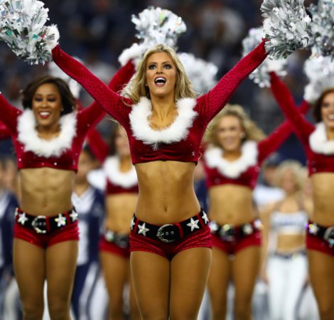 Dec 15, 2019; Arlington, TX, USA; Dallas Cowboys cheerleaders perform in holiday outfits during halftime of the game against the Los Angeles Rams at AT&T Stadium. Mandatory Credit: Matthew Emmons-USA TODAY Sports