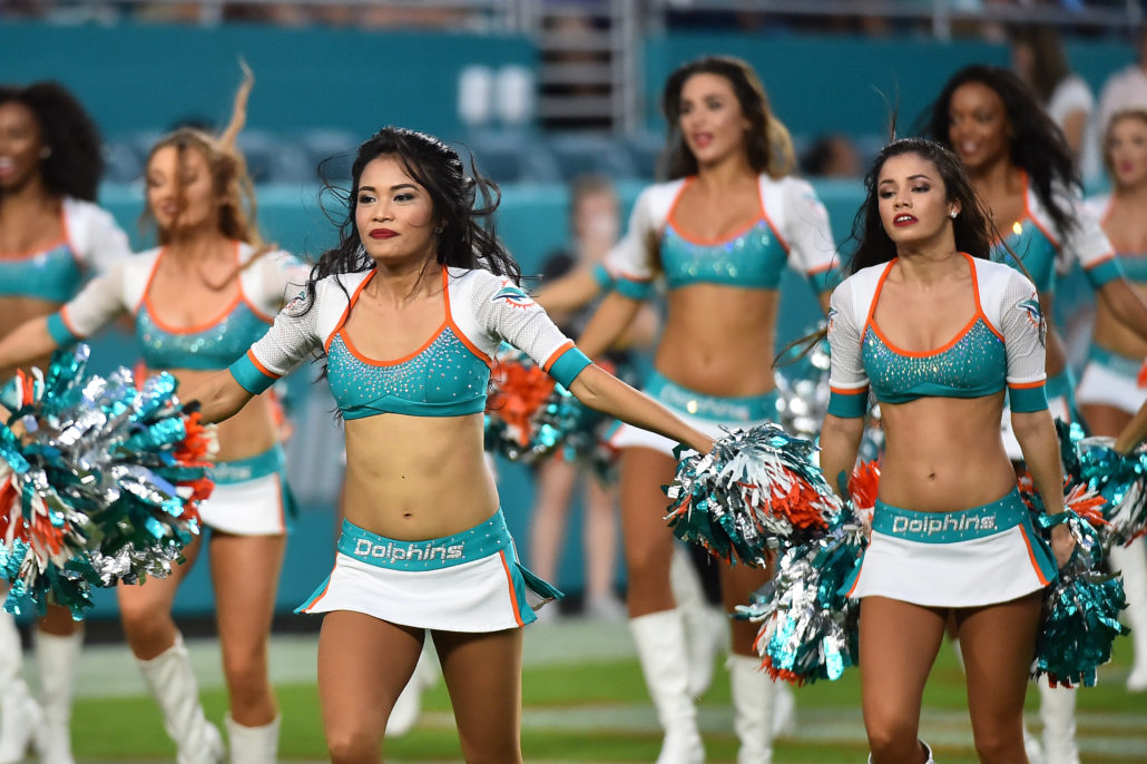 Aug 25, 2018; Miami Gardens, FL, USA; Miami Dolphins cheerleaders perform during the first half against the Baltimore Ravens at Hard Rock Stadium. Mandatory Credit: Jasen Vinlove-USA TODAY Sports