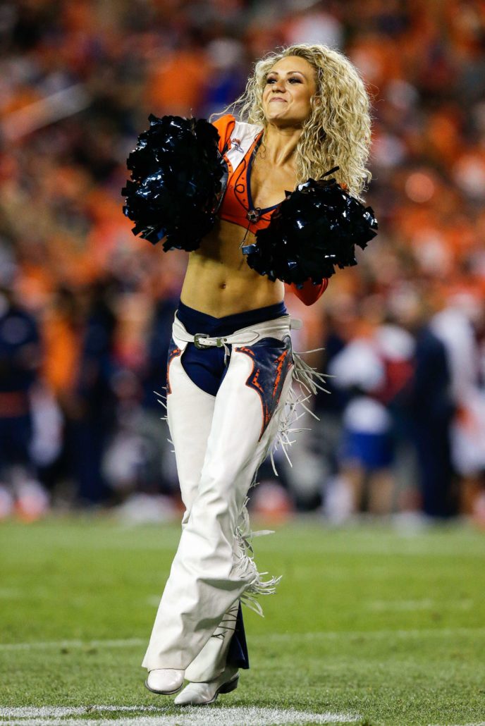 A member of the Denver Broncos cheerleaders performs 