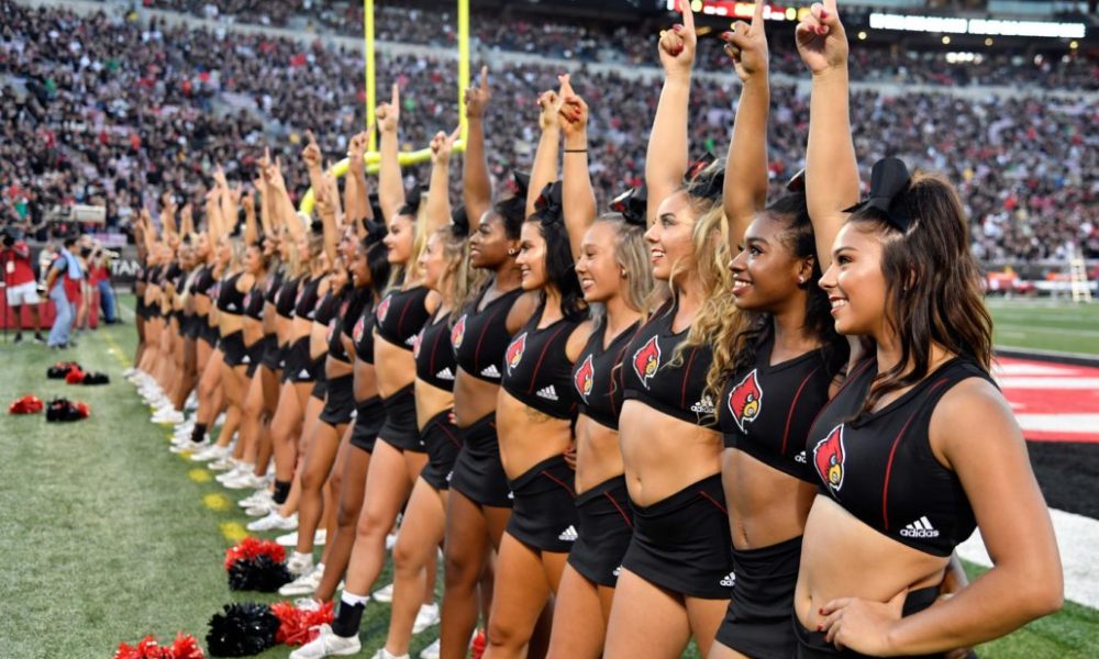 Sep 2, 2019; Louisville, KY, USA; The Louisville Cardinals cheerleaders perform before the team ...